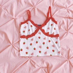 Red lace babydoll cropped tank with cute strawberries